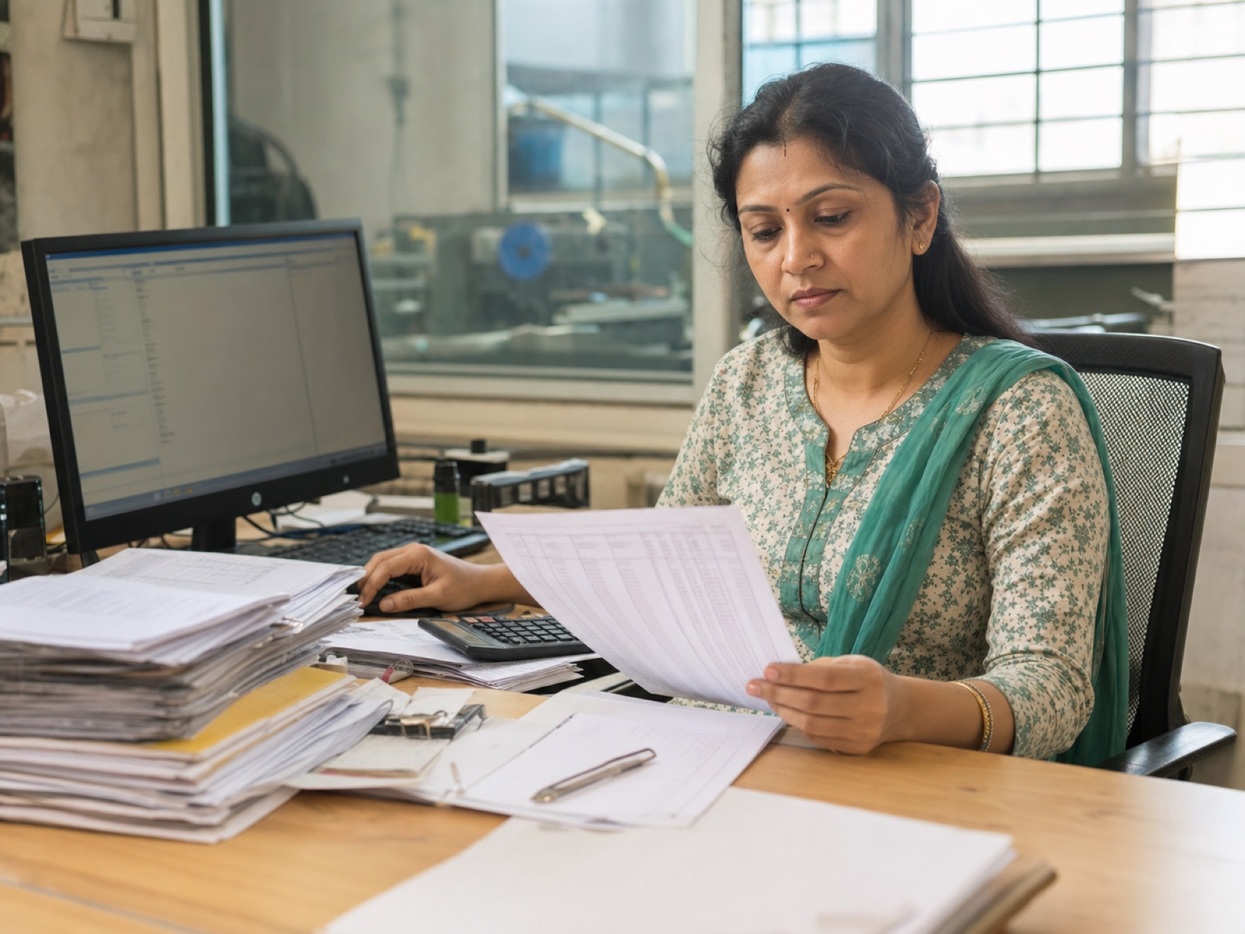 An accounts team member reviewing supplier invoices at a business desk