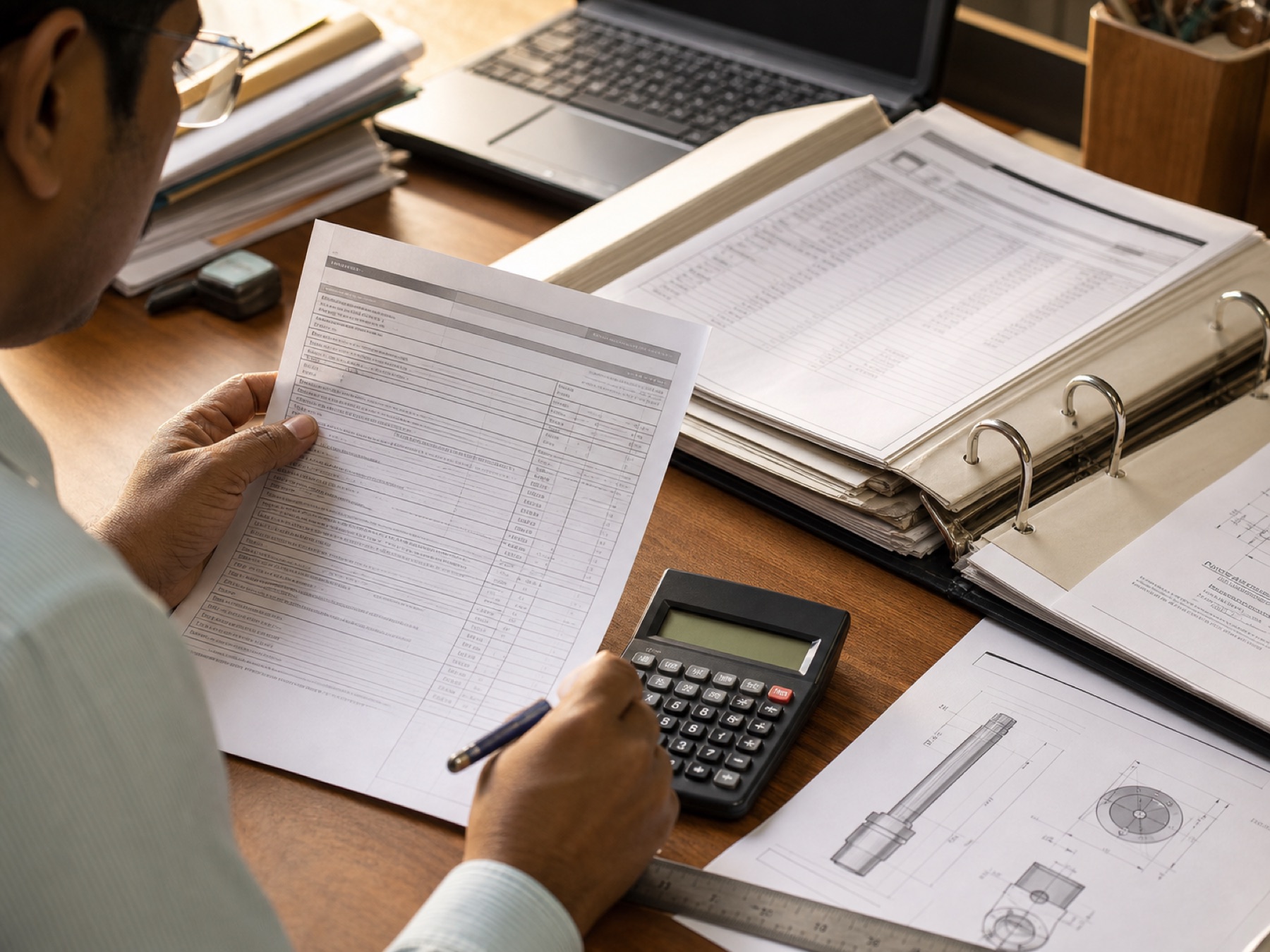A quotation, calculator and rate binder arranged on an industrial office desk