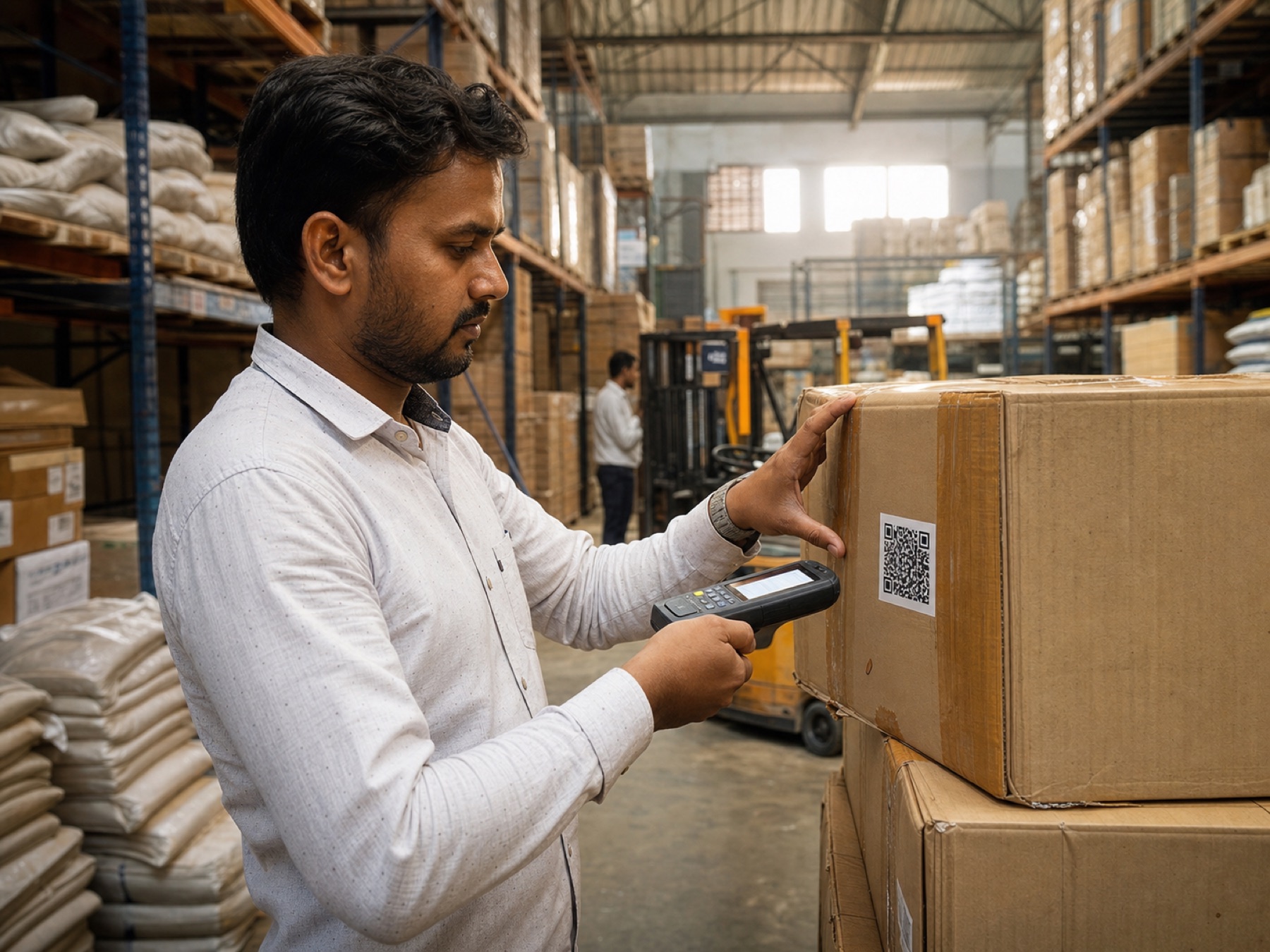A warehouse worker scanning a packed carton