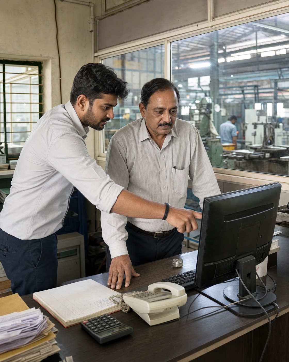 ગુજરાતની factory office માં owner અને operations team કામ જોઈ રહ્યા છે